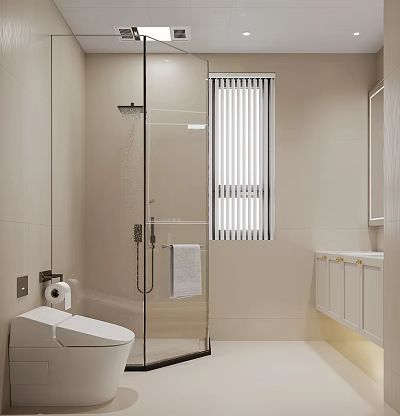 Modern Beige Bathroom With Smart Toilet Glass Shower Towel And Vanity 3d model