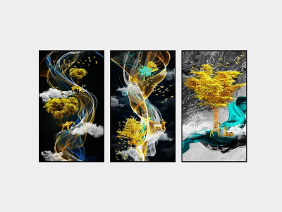 Abstract Modern Wall Art Paintings With Yellow Tree Blue Gold Swirls And Black Background 3d model