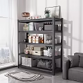Multi Tier Metal Storage Rack Holding Books Decor Storage Boxes In Bright Room With Sofa