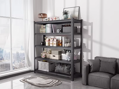 Multi Tier Metal Storage Rack Holding Books Decor Storage Boxes In Bright Room With Sofa 3d model