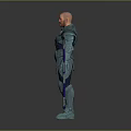 Man Wearing Blue Battle Armor with Glowing Spear and Intricate Design Details