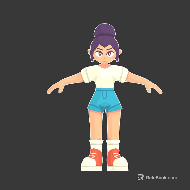 Cartoon Woman With Purple Bun Purple Eyes White T-shirt Blue Shorts Red Sneakers Arms Outstretched 3d model 