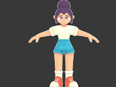 Cartoon Woman With Purple Bun Purple Eyes White T-shirt Blue Shorts Red Sneakers Arms Outstretched 3d model