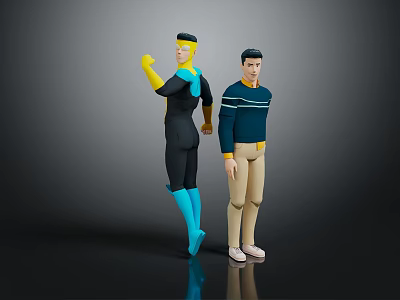 Two Game Movie Characters 3D Figure With Black Bodysuit Blue Details Navy Sweater Khaki Pants 3d model