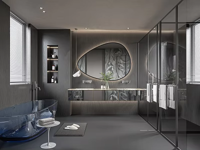 Modern Elegant Bathroom With Blue Bathtub Round Mirror Glass Shower Gray Tone Wall Cabinet Plant 3d model