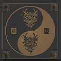 Intricate Dragon Head Carvings On Yin Yang Symbol With Blue Background And Swirl Patterns