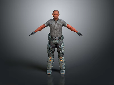 3D Male Character Model With Worn Gray Shirt Utility Pants And Black Gloves Arms Outstretched 3d model
