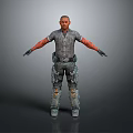 3D Male Character Model With Worn Gray Shirt Utility Pants And Black Gloves Arms Outstretched