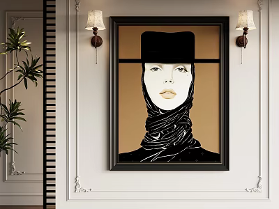 Abstract Painting Figure With Black Hat Headscarf Neutral Tones Wall Art Decor 3d model