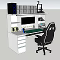 Modern Office Desk Setup With Black Chair Computer Monitor Green Mouse Pad And Shelf Storage