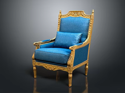 Luxurious Blue Armchair With Gold Ornate Carvings On Frame And Soft Cushion 3d model