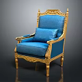 Luxurious Blue Armchair With Gold Ornate Carvings On Frame And Soft Cushion