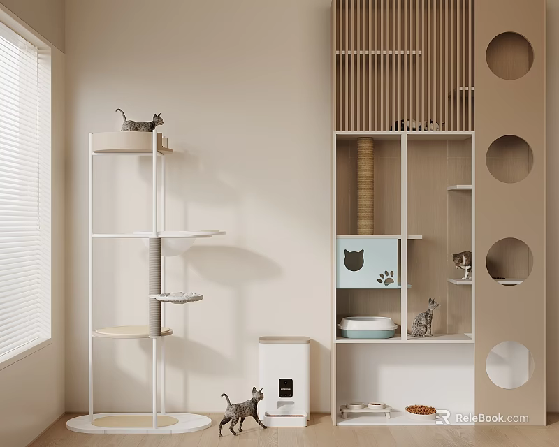 Cat Indoor Space With Tree Scratching Post Bed Food Bowls And Litter Box 3d model 