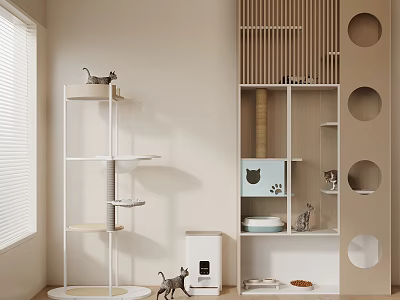 Cat Indoor Space With Tree Scratching Post Bed Food Bowls And Litter Box 3d model