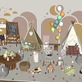 Kids Playroom With Teepees Colorful Balloons Chalkboard Toys And Stuffed Animals