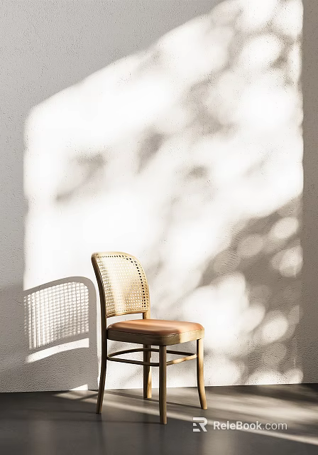 Dining Chair with Woven Backrest Wooden Frame Brown Seat in White Wall Light Shadow Effects 3d model 