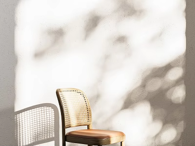 Dining Chair with Woven Backrest Wooden Frame Brown Seat in White Wall Light Shadow Effects 3d model
