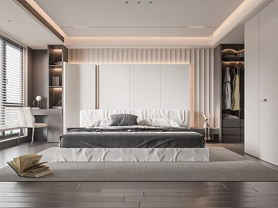 Modern Bedroom Interior With Platform Bed Wooden Floor And Built In Wardrobe 3d model