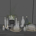 Decorative Ceramic Vessels With Greenery Accents On Wooden Floor Gray Wall Background