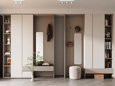 Modern Entryway Shoe Cabinet Interior With Full Length Mirror Storage Shelves And Decorative Plant 3d model