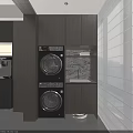 Modern Home Balcony With Stacked Washing Machine Dryer Sink Cabinets And White Striped Wall