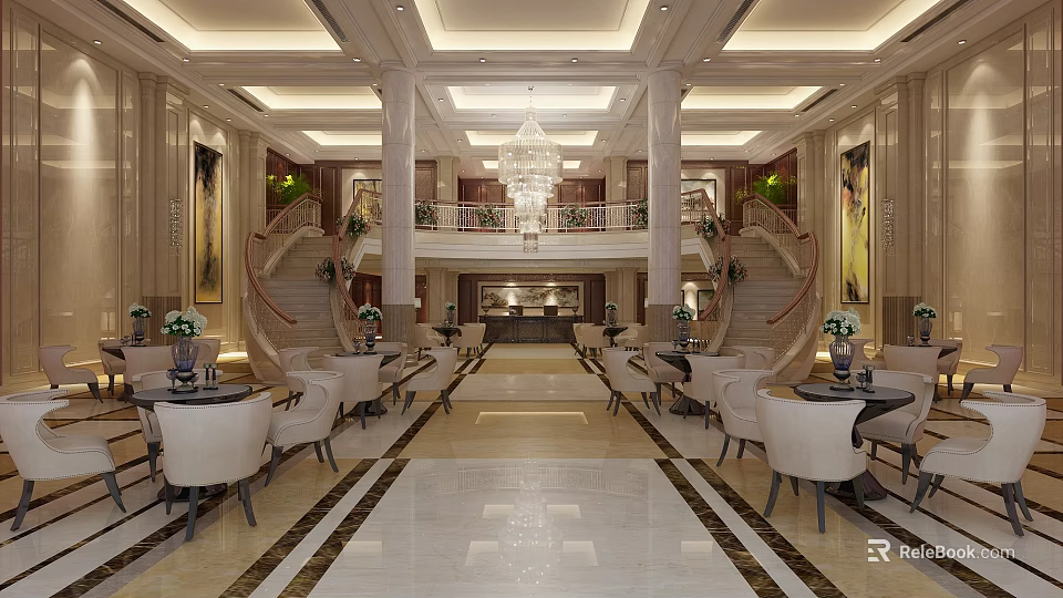 Luxurious Hotel Lobby With Grand Chandelier Marble Floor Staircases And Decorative Paintings 3d model 