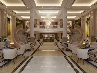 Luxurious Hotel Lobby With Grand Chandelier Marble Floor Staircases And Decorative Paintings 3d model