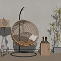 Indoor Wicker Hanging Chair With Round Design Cat Floor Lamp Potted Plant And Wooden Box