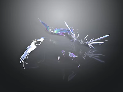 Transparent Feather And Crystal Decorations With Light Reflections On Black Background 3d model