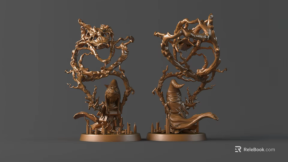 Bronze Sculptures With Intricate Twisted Tree Branch Designs And Base Figures 3d model 