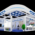 Modern SiVisi Technology Exhibition Booth With Display Area Reception Desk And Green Plants