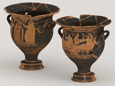 Two Ancient Greek Ceramic Vessels With Broken Edges And Painted Human Figures 3d model