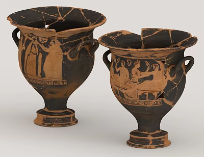 Two Ancient Greek Ceramic Vessels With Broken Edges And Painted Human Figures 3d model