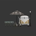 Stylish Vintage Food Truck Outdoor Setup With Umbrella Tables Chairs And Street Lamp