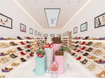Bright Shoe Store Interior With Various Shoe Displays Decorative Paintings And Potted Plants 3d model