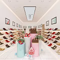 Bright Shoe Store Interior With Various Shoe Displays Decorative Paintings And Potted Plants