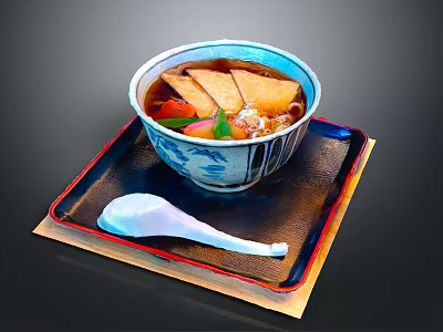 Traditional Japanese Miso Soup With Tofu Vegetables In Blue White Bowl On Black Tray 3d model