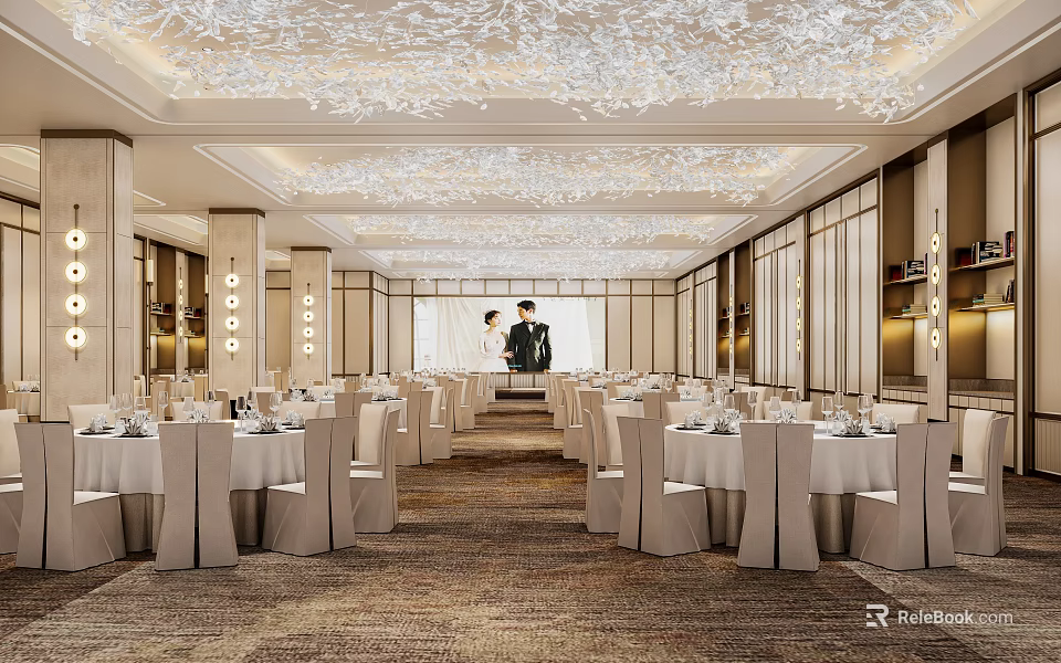 Banquet Hall Interior With Luxurious Crystal Chandeliers White Tables Chairs And Carpeted Aisle 3d model 