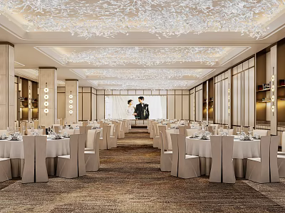 Banquet Hall Interior With Luxurious Crystal Chandeliers White Tables Chairs And Carpeted Aisle 3d model