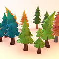 Colorful Trees with Vibrant Red Orange Yellow Green Blue Foliage in Cartoon 3D Model Style