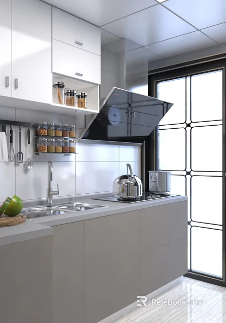 Modern Kitchen Interior Featuring White Cabinets Open Shelves And Spice Jars 3d model 