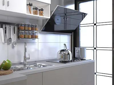 Modern Kitchen Interior Featuring White Cabinets Open Shelves And Spice Jars 3d model