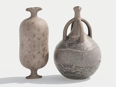 Artistic Handcrafted Ceramic Vessels With Intricate Carved Patterns Slender Body And Round Handles 3d model