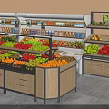 Sturdy Display Shelves in Supermarket Stocked with Fresh Fruits and Vegetables