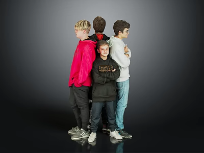 Four Boys Standing Back to Back With Colorful Jackets Against Gray Background 3d model