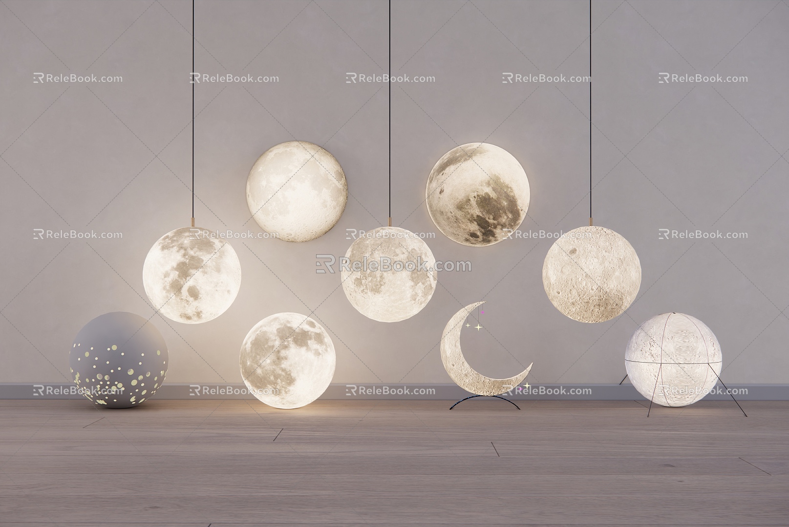 Modern lamps and lanterns combination moon lamp moon lamp landscape lamp atmosphere lamp luminous round lamp moon decoration 3d model