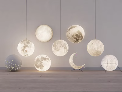 Moon Star Themed Lighting Combination With Hanging Floor Standing Fixtures And Full Moon Crescent Designs 3d model