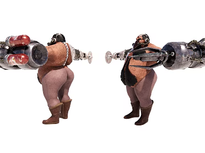 Muscular Game Characters With Large Mechanical Weapons And Leather Outfits 3d model