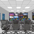 Monitoring Room With Multiple Monitor Screens Arranged On Wall Blue Notice Boards And Office Chairs
