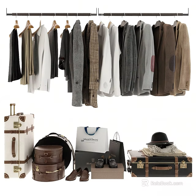 Hanging Clothes Display With Various Suits Coats And Travel Accessories Including Suitcases Bags Hat 3d model 